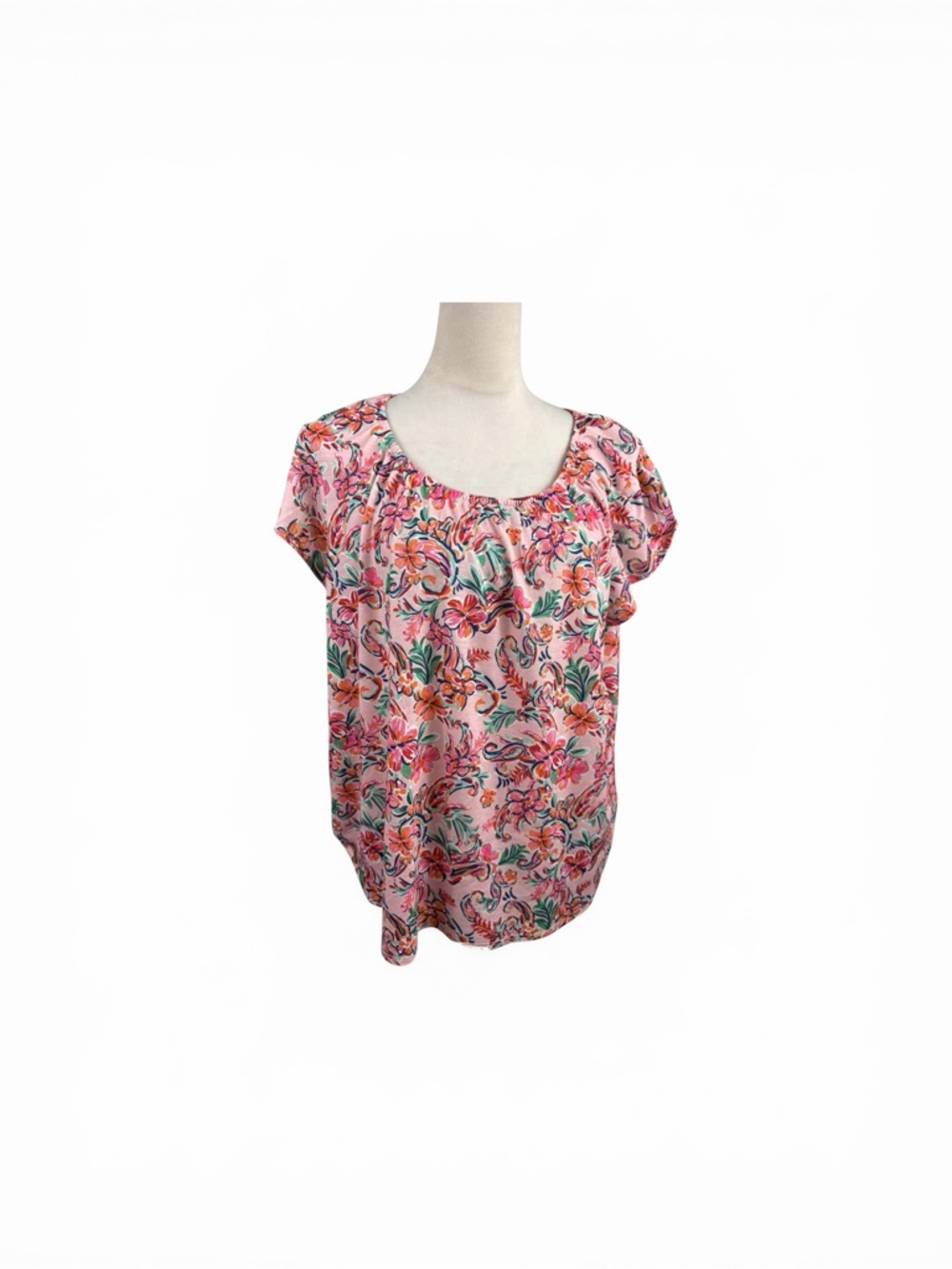 Stella Parker Pink Floral Scoop Neck Blouse with Short Sleeves size XL